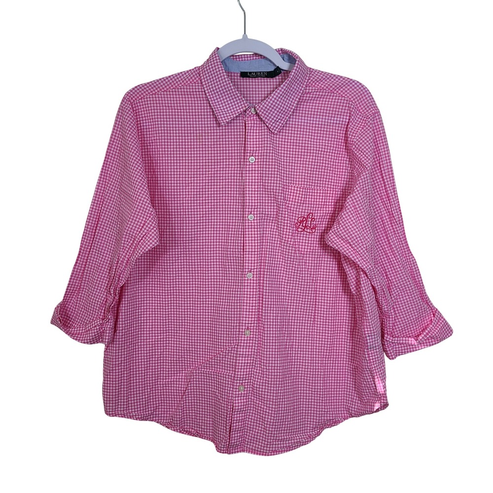 Lauren Ralph Lauren Pink Gingham Button Up Shirt L 3/4 Sleeve Preppy Ivy League